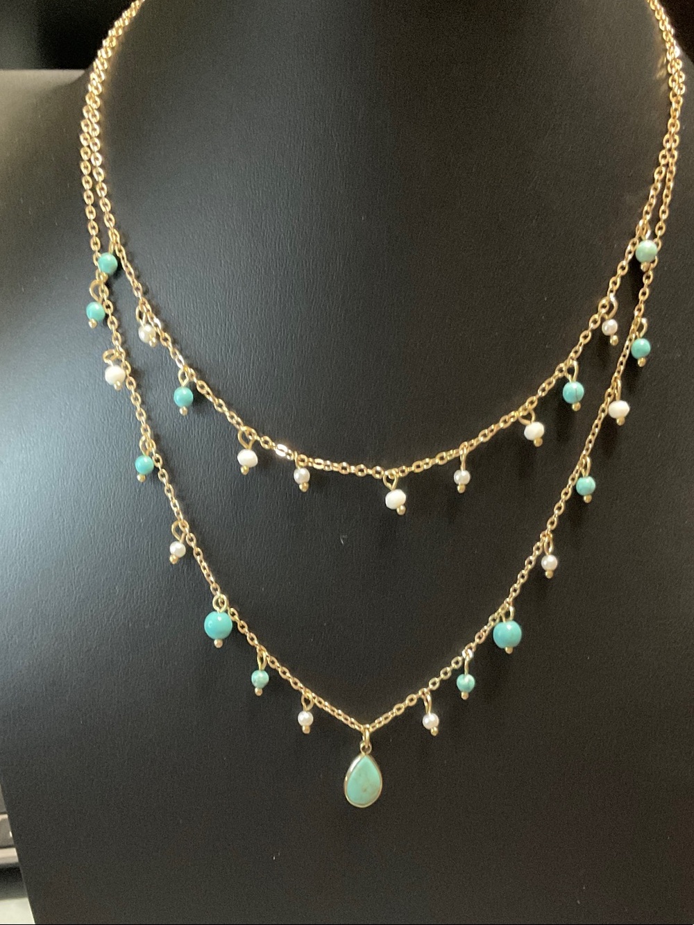 Gold Layered Necklace with Turquoise Beads and Pearl Drops